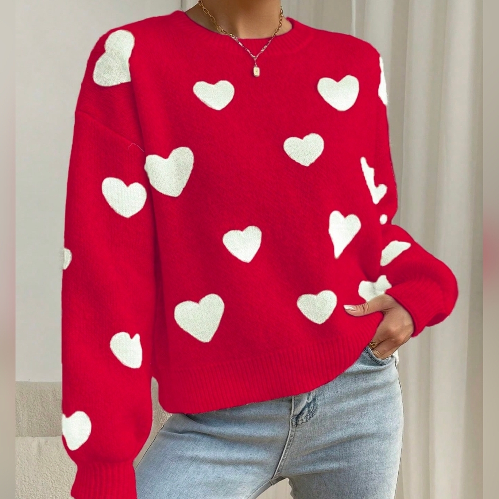 Women's Heart Patterned Round Neck Pullover Sweater - Picture 2 of 4